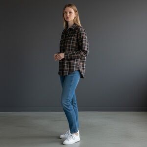 Lola River Plaid Cotton Flannel Button-Up Shirt. Brown Gray Black Size M #1999